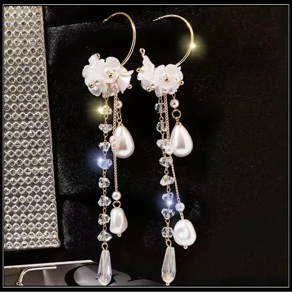 New Gold Translucent Crystal Pebble White Pearl Floral Drop Earrings